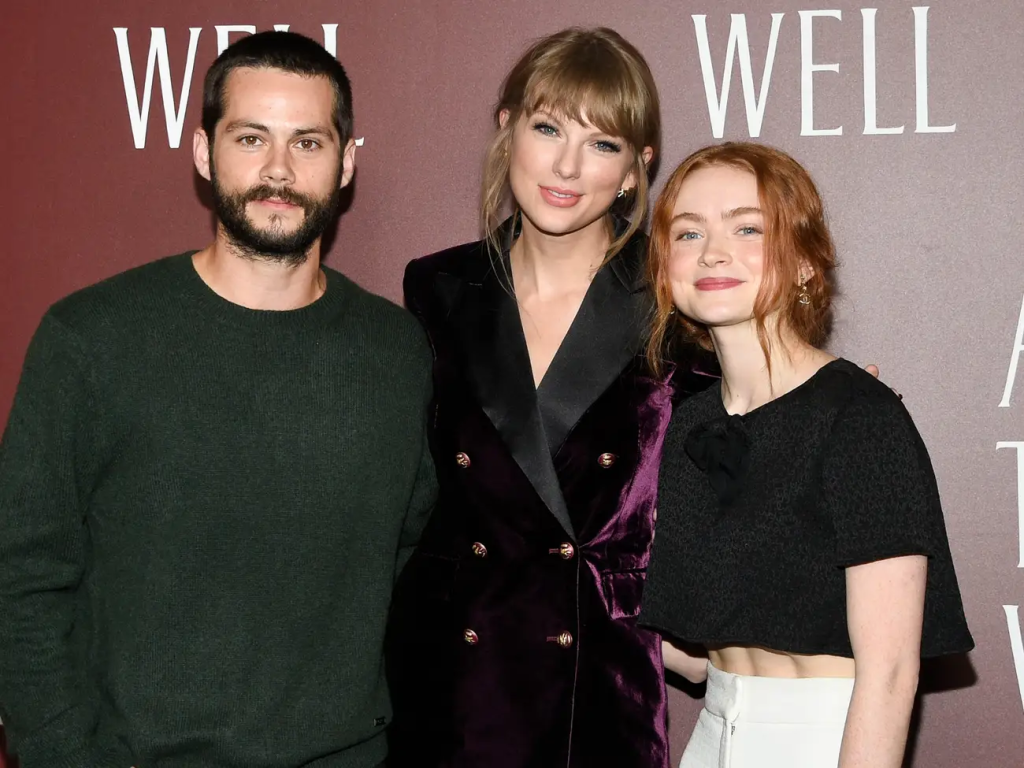 Dylan O'Brien, Taylor Swift and Sadie Sink pictured together at the premiere for ‘All Too Well’ in 2021 in New York