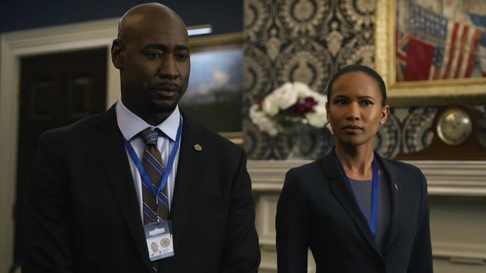 Fola Evans-Akingbola with D.B. Woodside for a scene of 'The Night Agent'